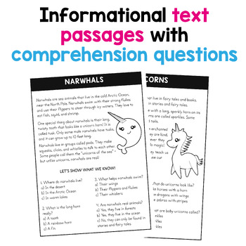 UNICORNS & NARWHALS - Compare and Contrast Reading Passages and Activities